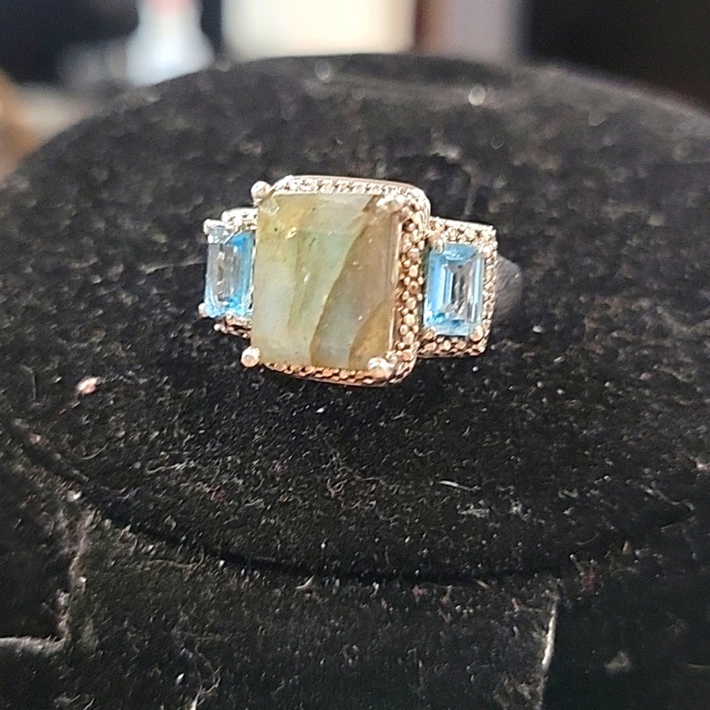 925 Labrodite and blue topaz ring